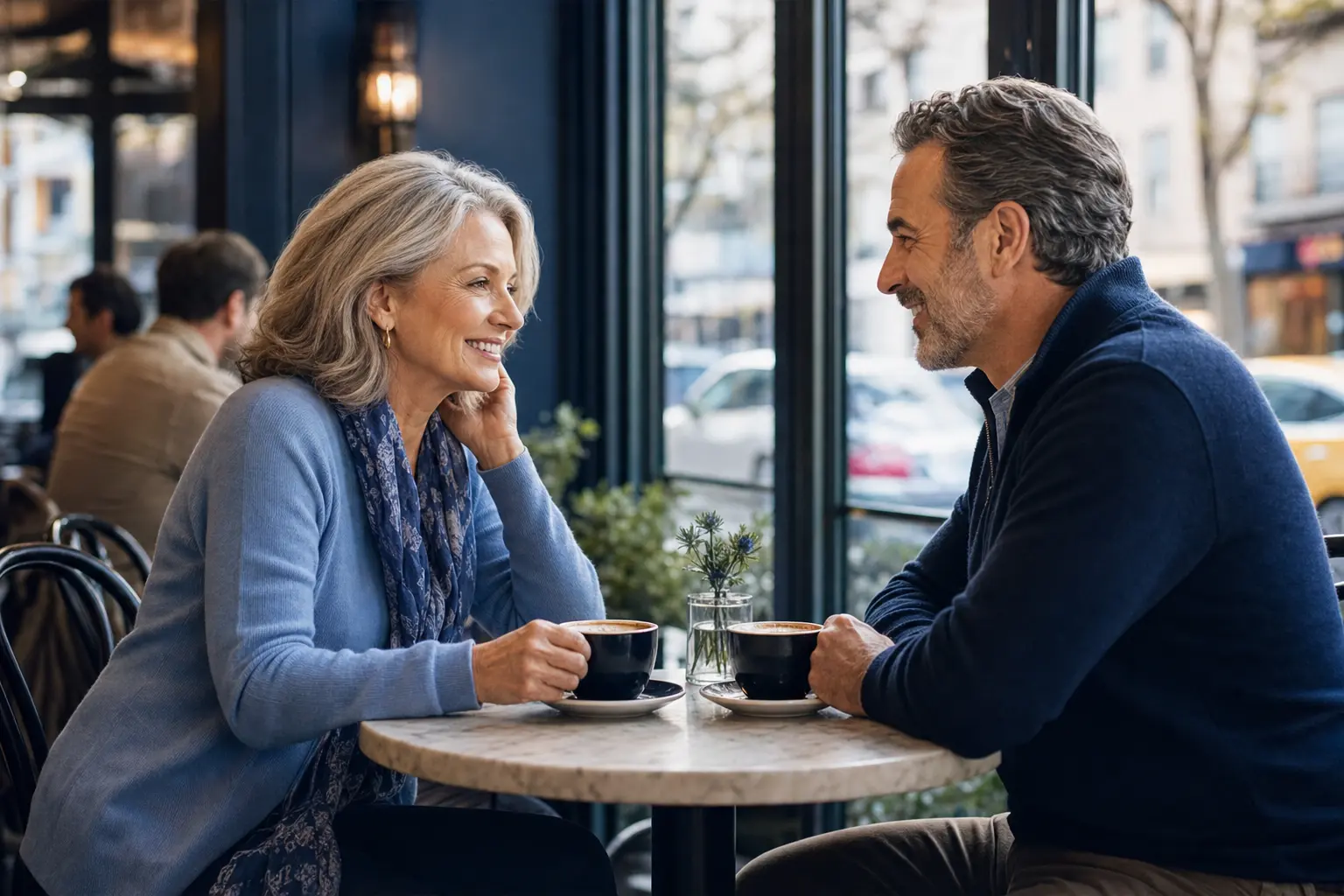 mature couple 50s coffee date in New York, warm conversation,