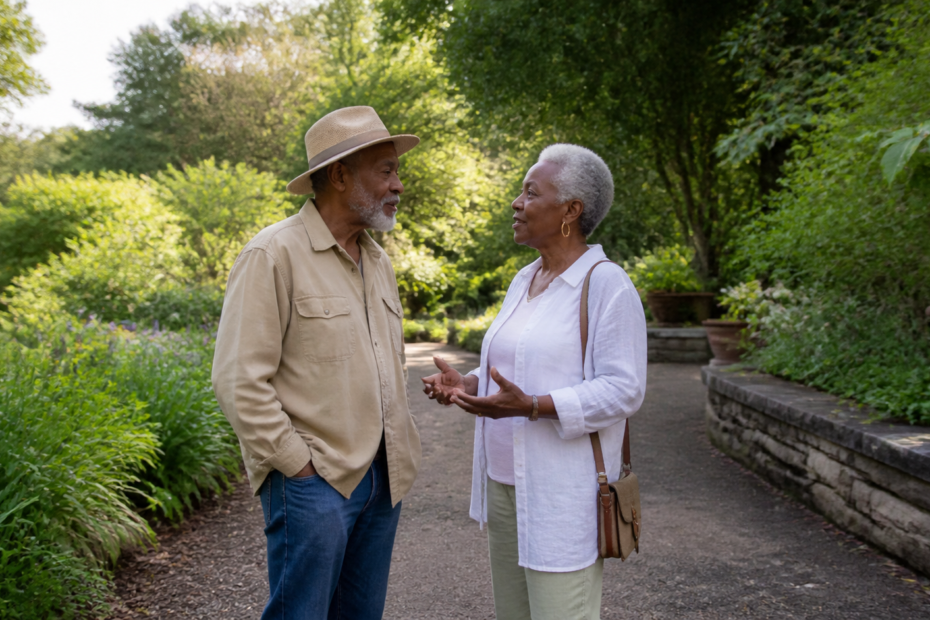 Two Bronx singles over 50 having a natural conversation in a public garden