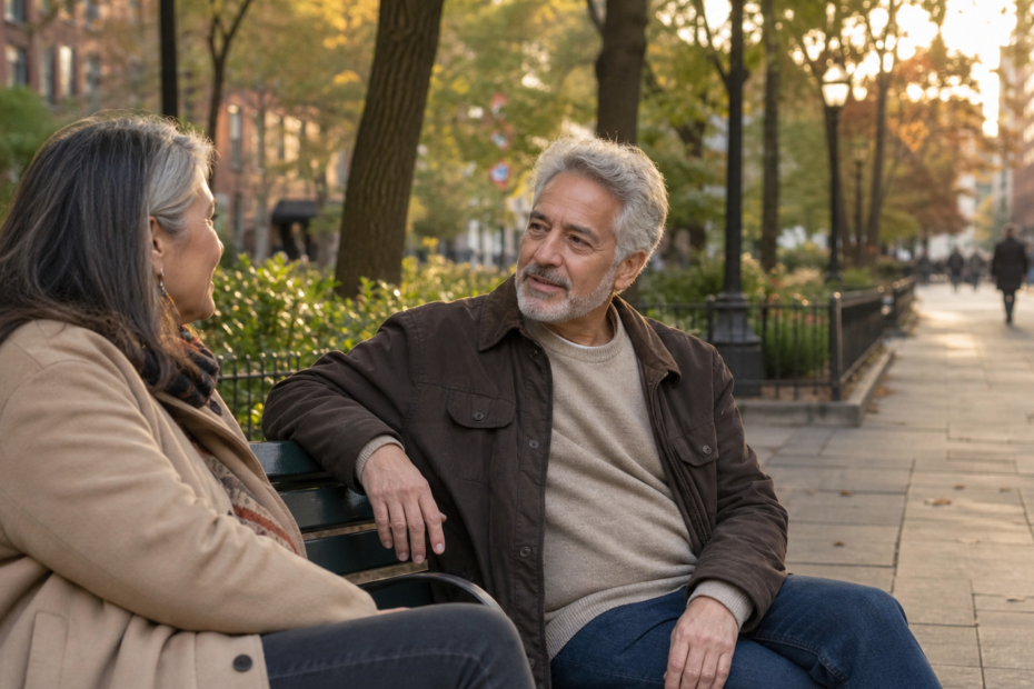 Two mature New Yorkers having a relaxed conversation while dating after divorce
