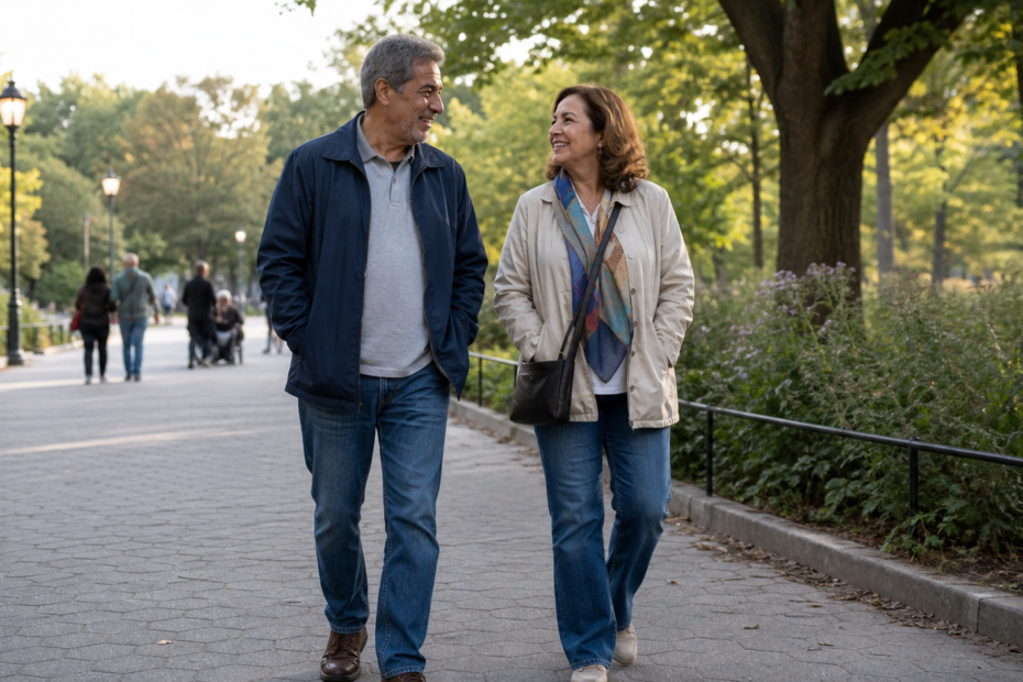 Two Queens singles over 50 enjoying a relaxed walk in a public park