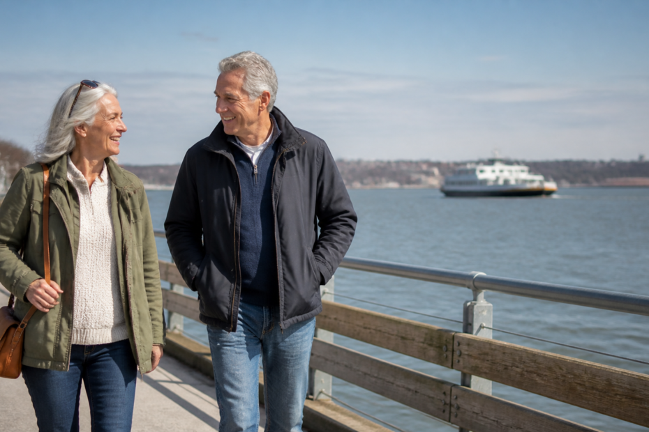 Two Staten Island singles over 50 walking along a New York Harbor waterfront